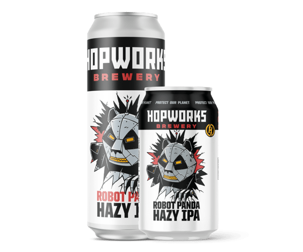 White and black cans with red accent featuring a sick robotic panda bear breaking through the wall of the can. Robot Panda Hazy IPA from Hopworks Brewery