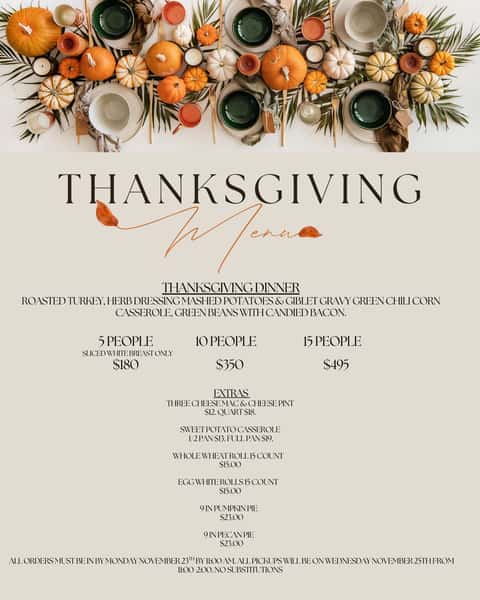 Gather your favorite people and let Raspberries n' Crème take care of Thanksgiving Dinner 🍂 Enjoy Roasted Turkey, Herb Dressing, Mashed Potatoes & Giblet Gravy, Green Chili Corn Casserole, and Green Beans with Candied bacon—plus comforting extras like Three Cheese Mac & Cheese, Sweet Potato Casserole, rolls, Pumpkin Pie, and Pecan Pie. Orders must be in by Monday November 23th by 11:00 AM, with pickups on Wednesday November 25th from 11:00–2:00. 🦃

#RaspberriesnCreme #ThanksgivingDinner #HolidayDining