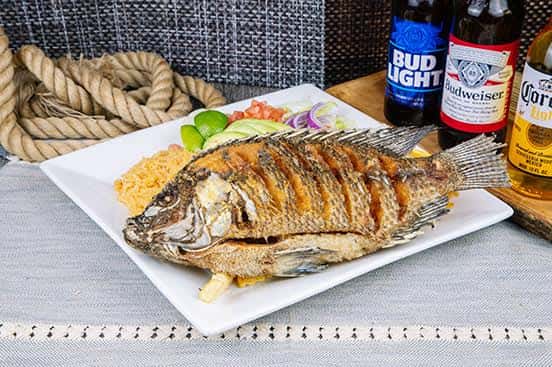 Whole fried tilapia served on a bed of rice with a side of sliced avocado, tomato, onion, and lime wedges, paired with beers like Bud Light, Budweiser, and Corona.