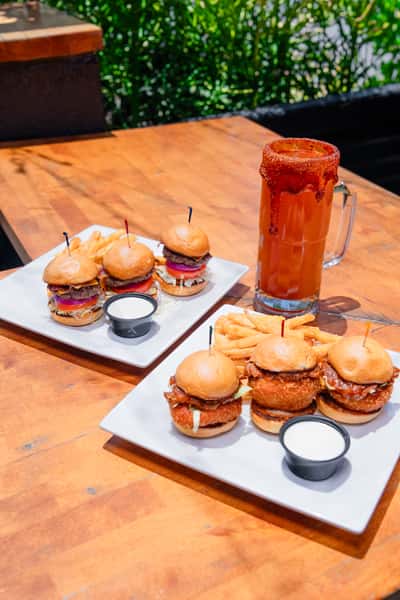 Classic Sliders, Onion Ring Sliders, Michelada
