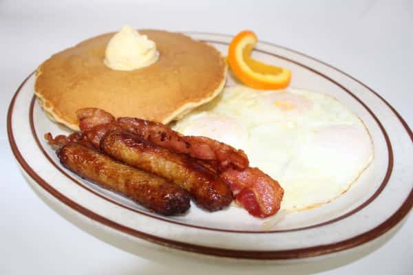 3 Big Hot Cakes, 4 Bacon or Sausage, and 3 Eggs Breakfast plate 