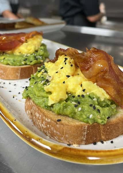 Avocado toast with egg and bacon
