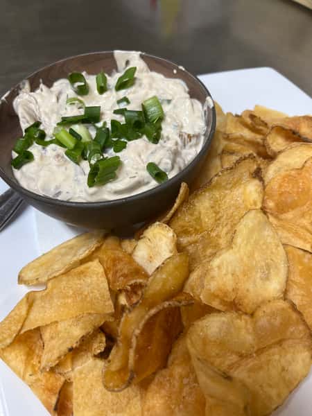 Garlic Onion Dip with House made Potato Chips