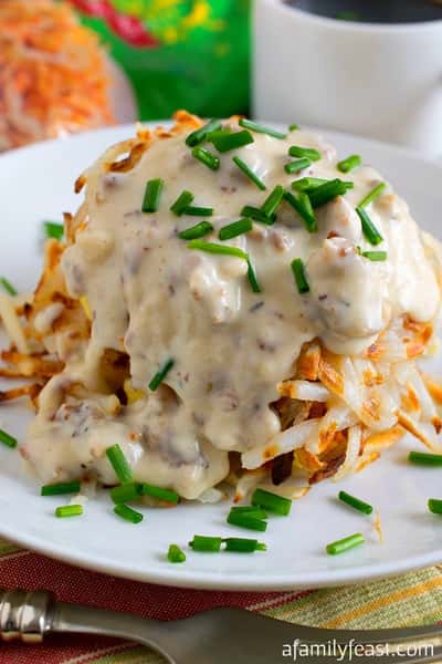 Old Bay Sausage Gravy Over Hash Browns
