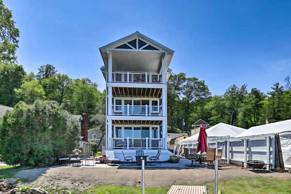 Lakeside building at Beachcomber with scenic views of Conesus Lake and outdoor gathering spaces.