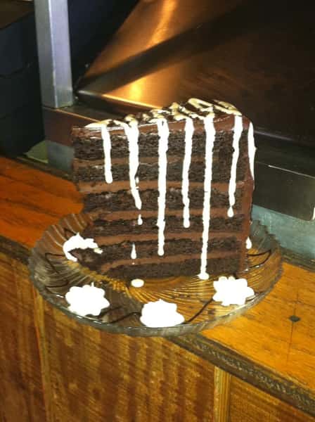 large slice of chocolate cake with icing