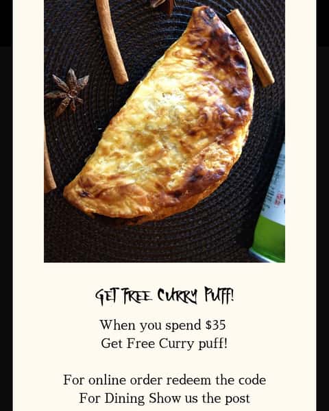 Get free, Curry Puff!
When you spend $35 

For online orders, redeem the code
For Dining Show us the post

Show us this post to get an offer!
Available all day for dining and
Take out, please call 904-329-4073

Location Dining 
14286 Beach Blvd #29, Jacksonville, FL 32250

Location for Pick up Takeout
14286 Beach Blvd #26, Jacksonville, FL 32250

#jaxfoodie
#904foodie
#duvalfoodies
