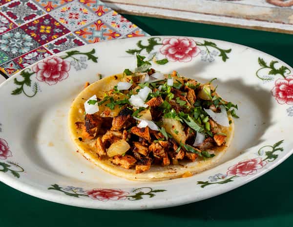 Chicken taco topped with grilled onions, fresh cilantro, and diced onions on a soft corn tortilla