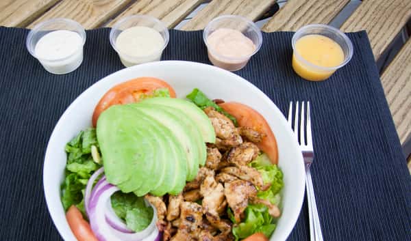 grilled chicken salad with variety of dressings