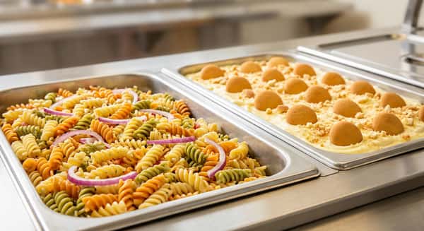 Tri-color rotini pasta salad with red onion slices alongside creamy banana pudding topped with vanilla wafers on a buffet line, showcasing classic Southern comfort food and catering spread presentation.
