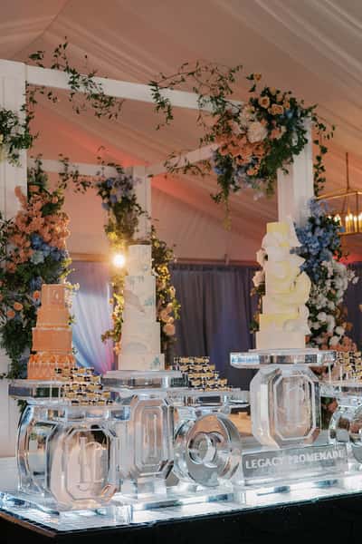 Dessert tables with large ice sculptures