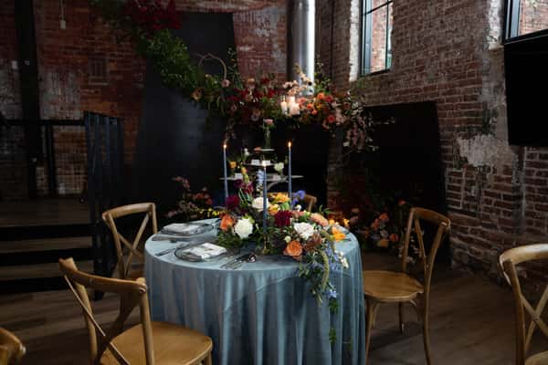 round table with floral centerpiece