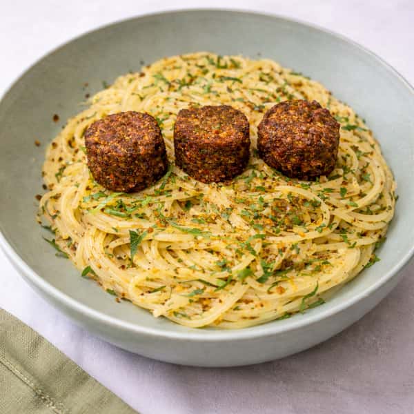 Tuscan Garlic Silk Spaghetti with Golden Falafel Croquettes