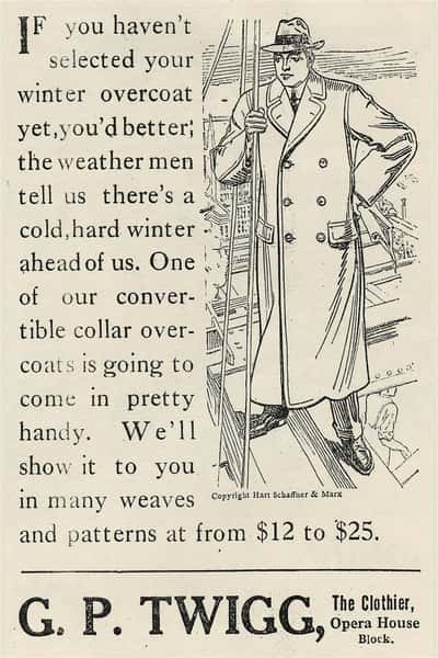 an old newspaper advertisement for twiggs coats