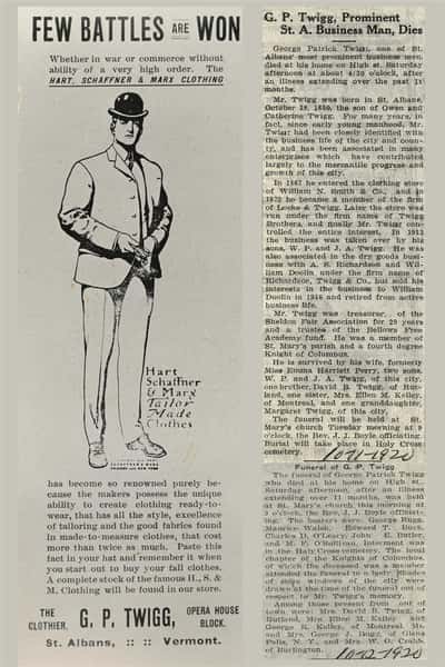 an old twiggs advertisement, and a newspaper clipping announcing the death of twigg's founder
