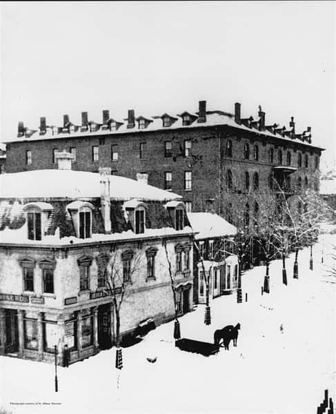 a black and white picture of twiggs building covered in snow