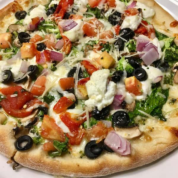 Vegetarian Special Pizza: Green Peppers, Mushrooms, Broccoli, Spinach, Black Olives, Tomatoes, and Onions