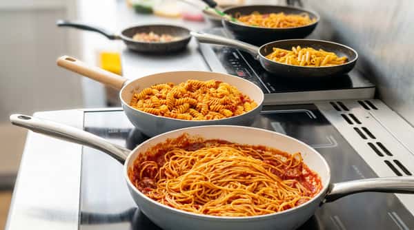Multiple pans with various pasta dishes, including spaghetti with red sauce, fusilli with red sauce, and plain penne, cooking on induction burners.