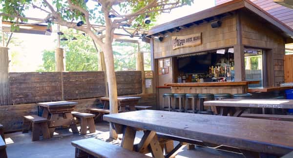 Outdoor beer garden at Dutch Goose featuring picnic-style wooden tables, natural tree shade, and a fully stocked bar, ideal for laid-back dining and drinks.