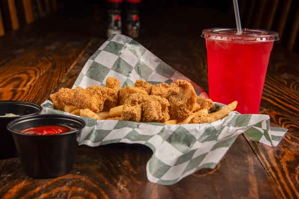 crispy fried catfish nuggets and golden fries at Blackwell Revival in Atkins, Arkansas