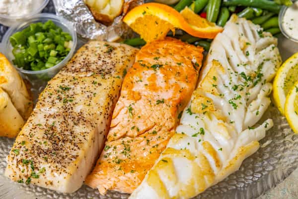 Seafood Sampler with Grilled Salmon, Cod and Sea Bass