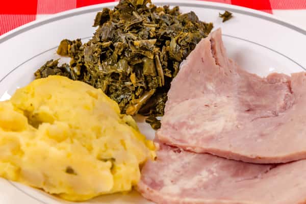 Collards With Baked Ham & Potato Salad