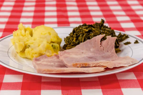 Collards With Baked Ham & Potato Salad