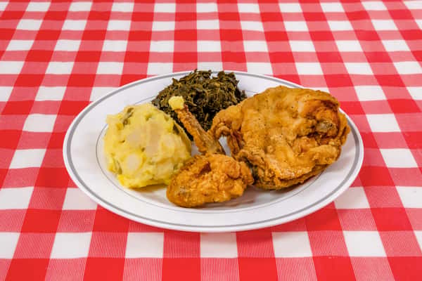 Collards With Fried Chicken & Potato Salad