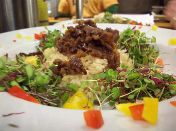 meat over rice with garnish