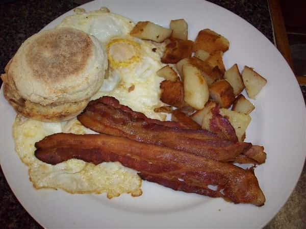 potatoes, english muffin, eggs and bacon