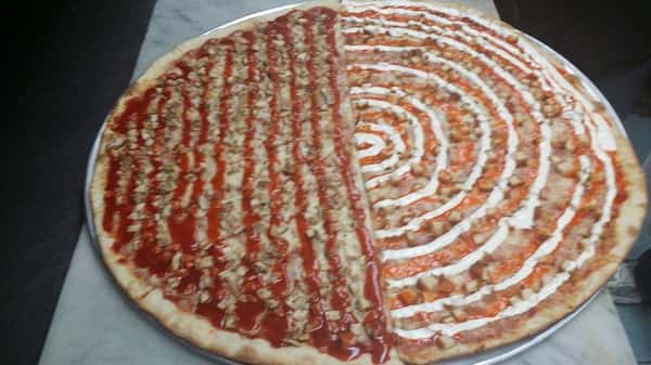 Split Pizza pie with sauce in vertical line pattern, and half with circular pattern