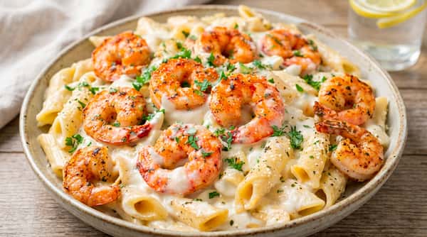Shrimp pasta with penne, creamy white sauce, and green herbs in a black pan.