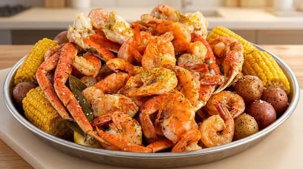 Cooked shrimp and crab legs seasoned with spices and herbs.