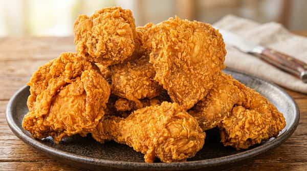 A pile of golden-brown fried chicken pieces with crispy, textured breading on a white background.