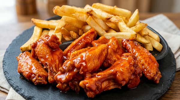 Buffalo chicken wings coated in orange sauce, next to golden french fries.
