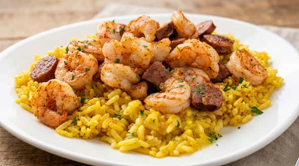 Saffron rice with seasoned shrimp and diced meat, garnished with parsley flakes.
