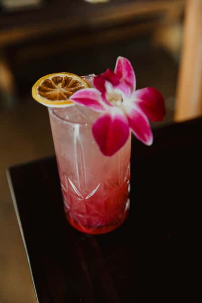 Pink craft cocktail served in a tall cut-glass with dried citrus and orchid garnish, photographed on a dark bar table in an Irish pub setting.