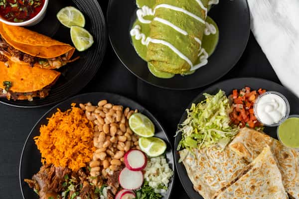 wet burrito, quesadilla, rice & beans