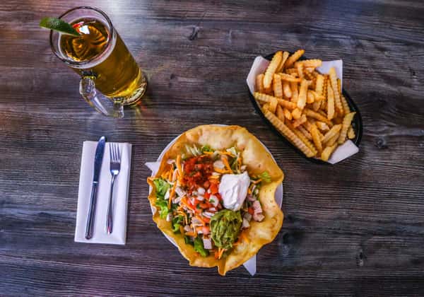 fries, beer, and salad
