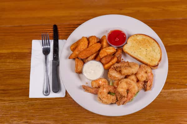 Fried shrimp platter with hush puppies, coleslaw, and toast at Jake & Rip's in Grenada, MS.