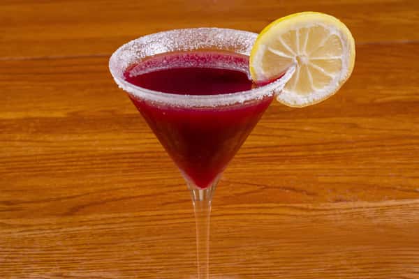 Blueberry lemon martini with sugar rim and lemon garnish at Jake & Rip's in Grenada, Mississippi.