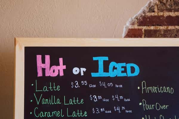 hot or iced coffee flavors on a sign