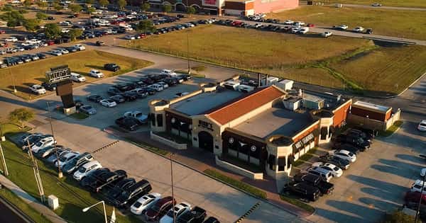aerial view of the restaurant and parking lots