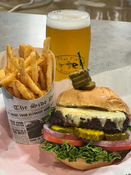 Burger fries and beer