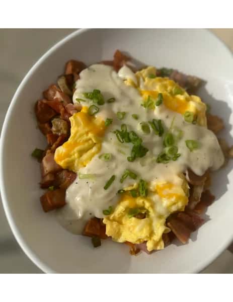 Smothered Potato Bowl with Bacon, Sausage and Ham