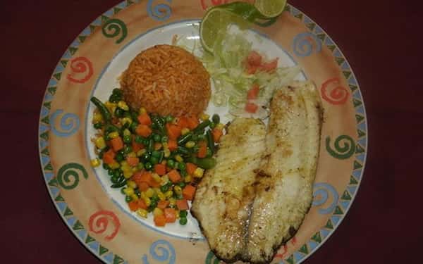 Fish with rice and mixed vegetables