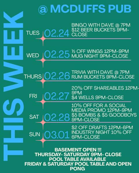It's another week at McDuffs Pub, come join the fun! #eatlocal #supportyourlocalbartender