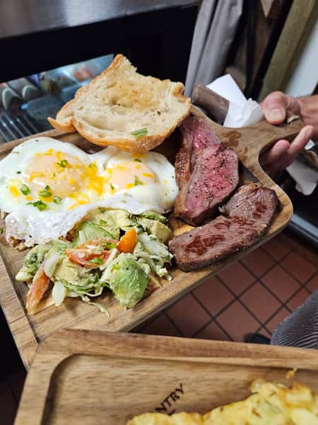 Steak, eggs and salad