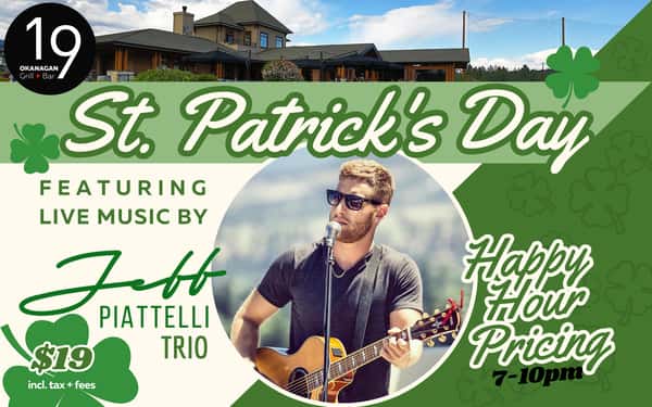St. Patrick's Day with Jeff Piatelli Trio march 17 2025 at 7pm - 9pm, hour hour pricing, tickets at $19 including tax and fees
