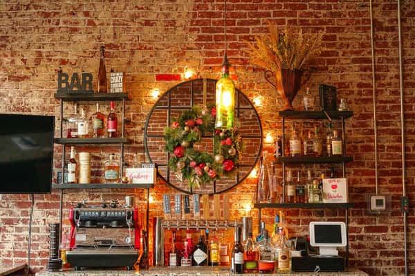 brick wall decor with shelves